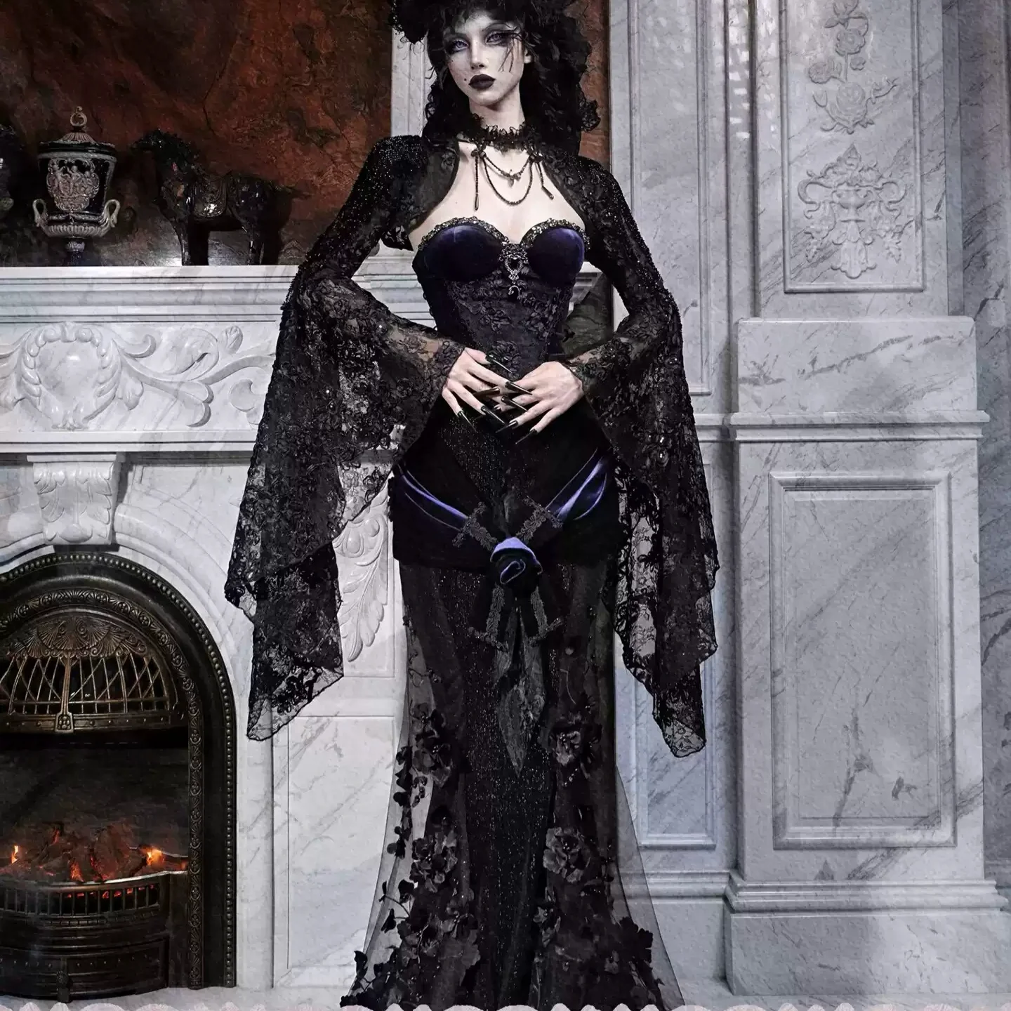 Dark Gothic Women Beaded Lace Bolero Shrug Flared Bell Long Sleeve Retro Evening Party Cropped Layering Outerwear