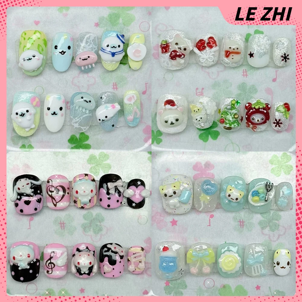 Dibujos animados Rilakkuma conejo gato hecho a mano corto cuadrado prensa en las uñas Bowknot copo de nieve alas notas musicales pegatina de fiesta de uñas