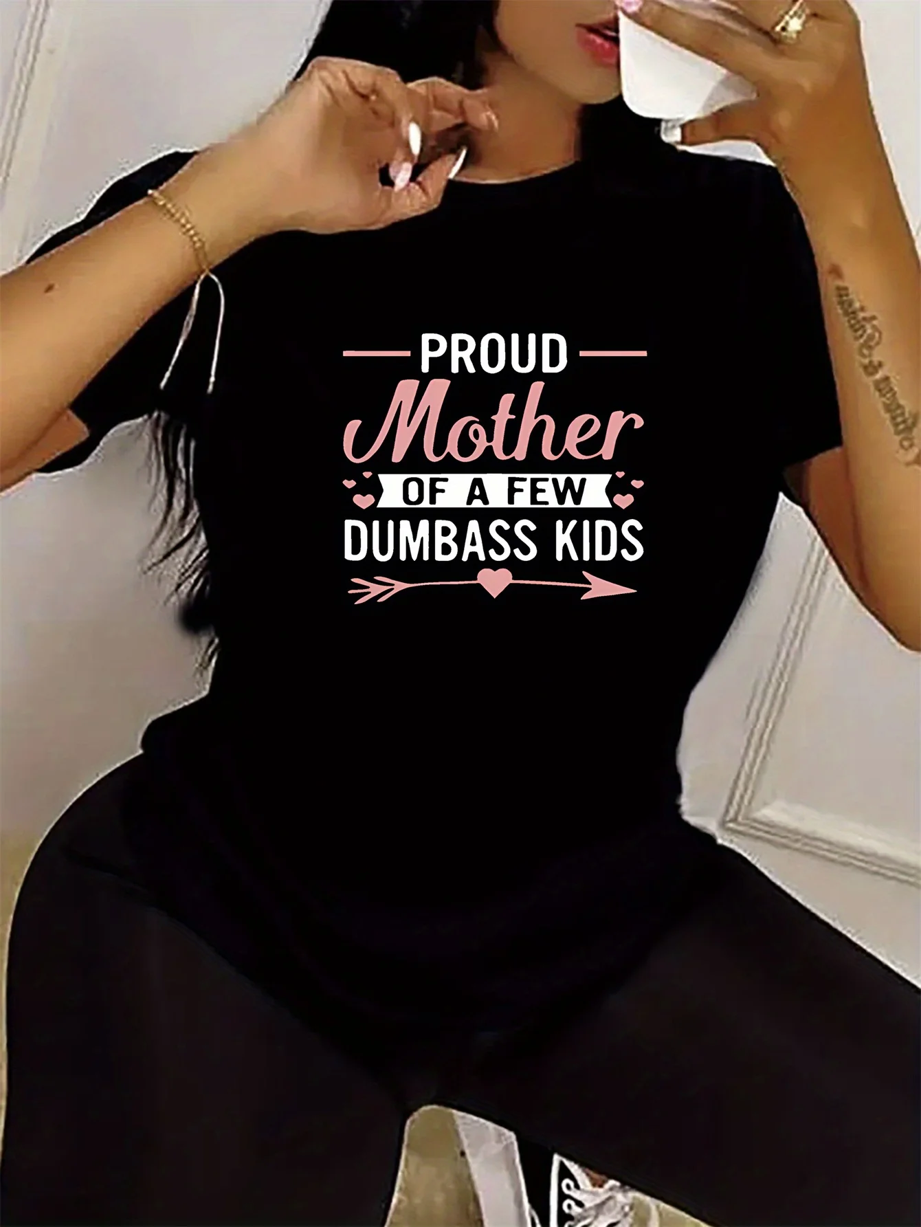 Proud Mother of a Few Dumbass Kids T-Shirt for Women Casual Short Sleeve Polyester Knit Fabric Comfortable Round Neck view 3