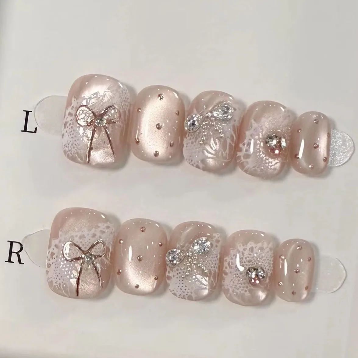 

10pcs Handmade Press on Nails Bow-Knot Lace Cat's Eye Full Coverage Nail Tips for Women&Girls Detachable Wearable False Nail