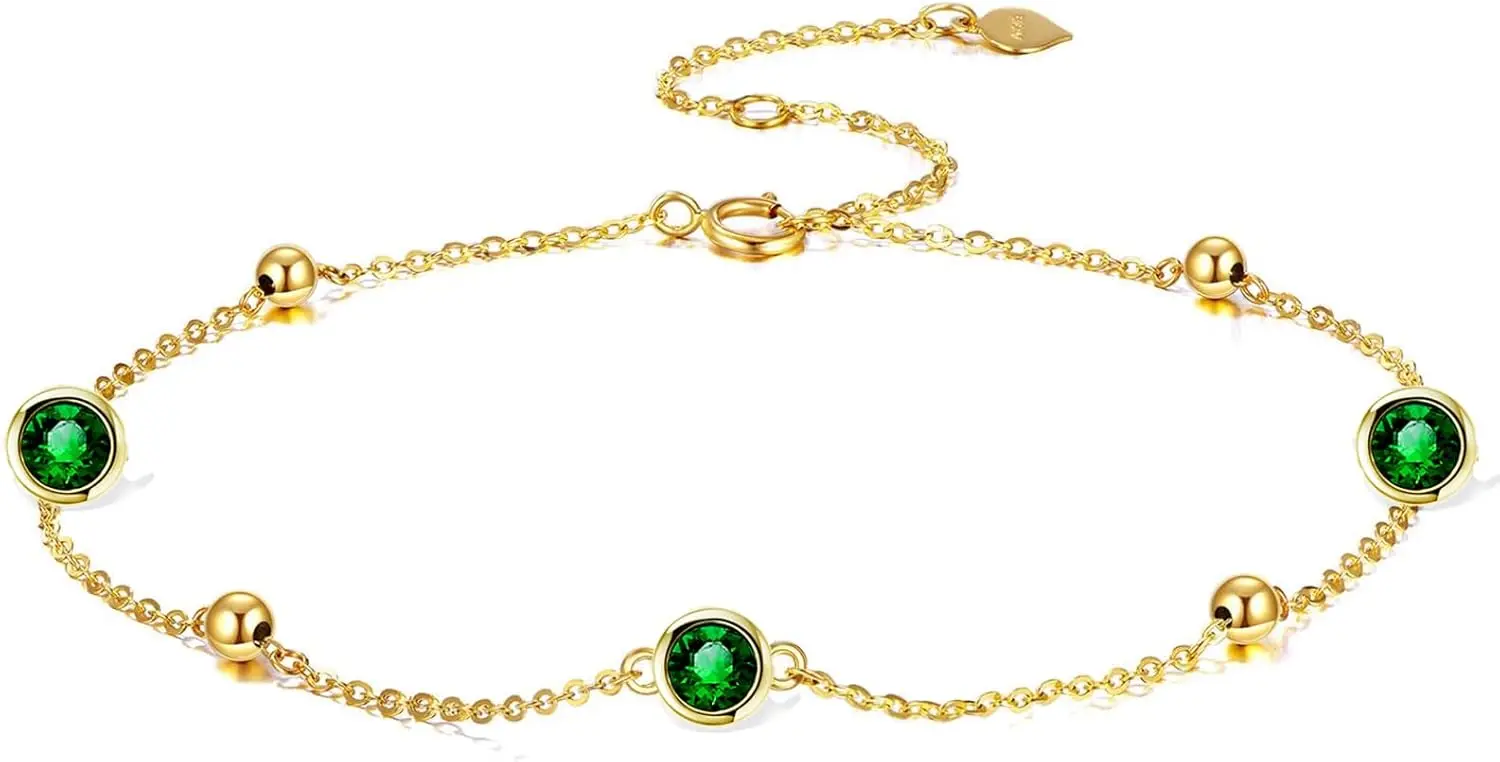 

14K Solid Gold Birthstone Anklet for Women Crystal Chakra Ankle Bracelet Real Gold Jewelry Gift Birthday