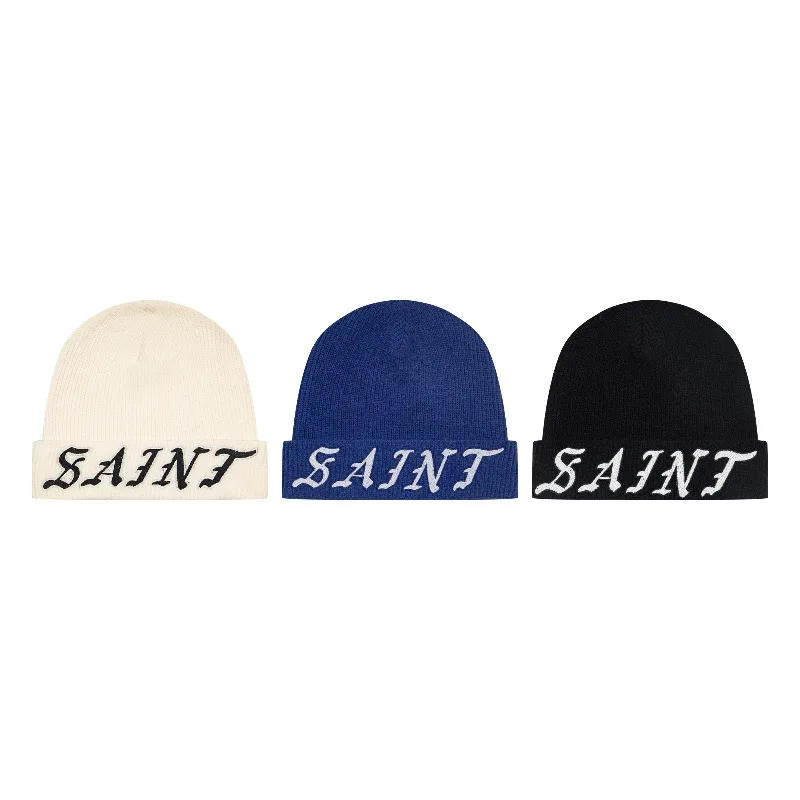High Street Saint Autumn Winter Letter Jacquard Knit Beanie Warm Casual Knitted Hat for Men Streetwear