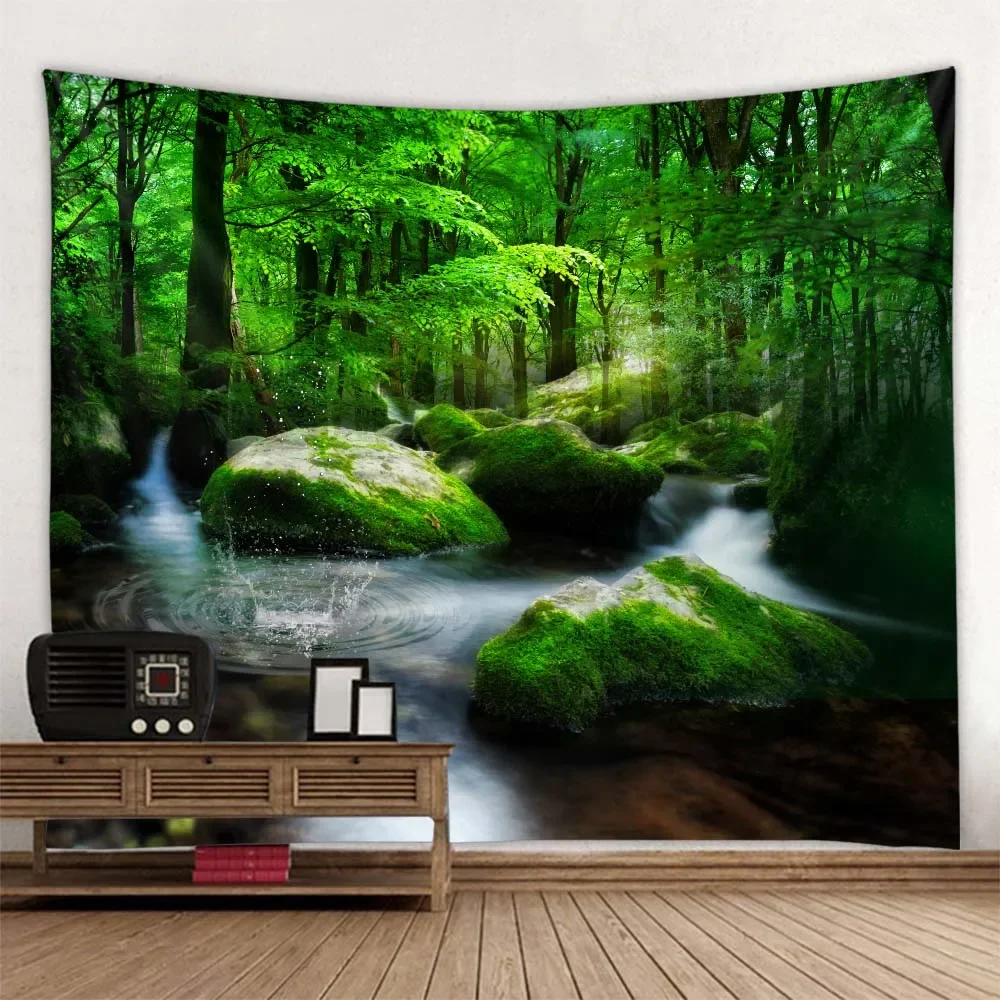 Home decoration 3D printing big tapestry green forest wall hanging natural landscape living room background wall decoration