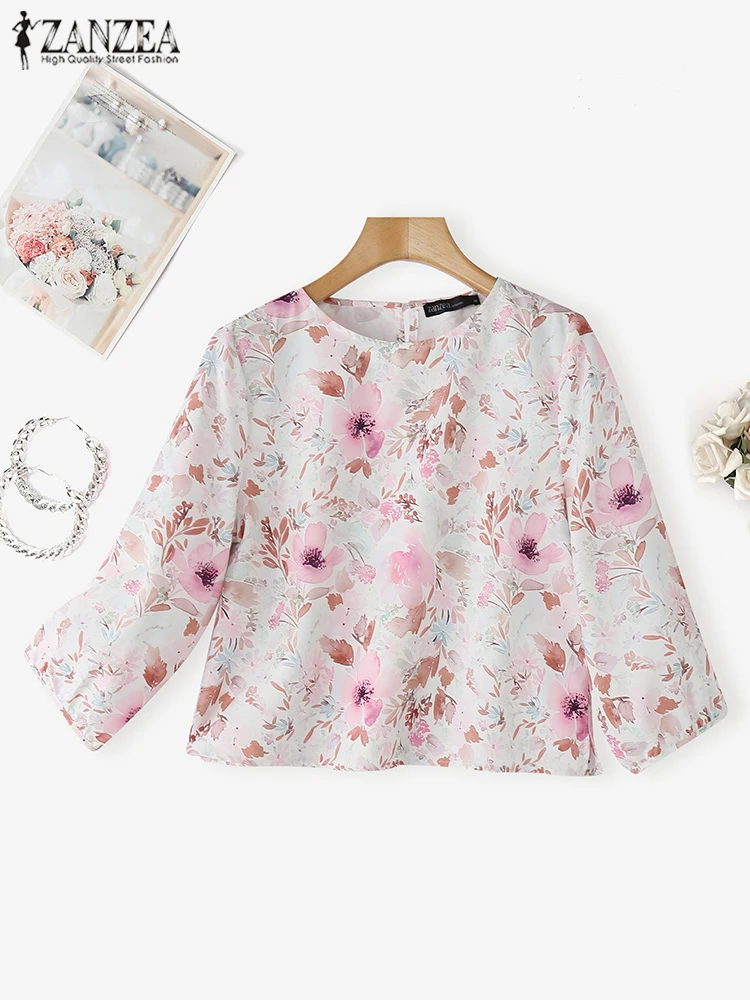 

ZANZEA Pinted Blouse Women Casual OL Work Tops 2025 Vintage Blusas Fashion 3/4 Sleeve O Neck Tunics Ovesized Loose Pullover