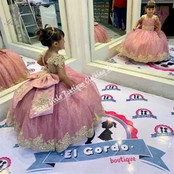 Light Pink Bow Girls Christmas Dress Light Gold Appliqué Flower Girl Dresses For Elegant Party Birthday Wedding Prom
