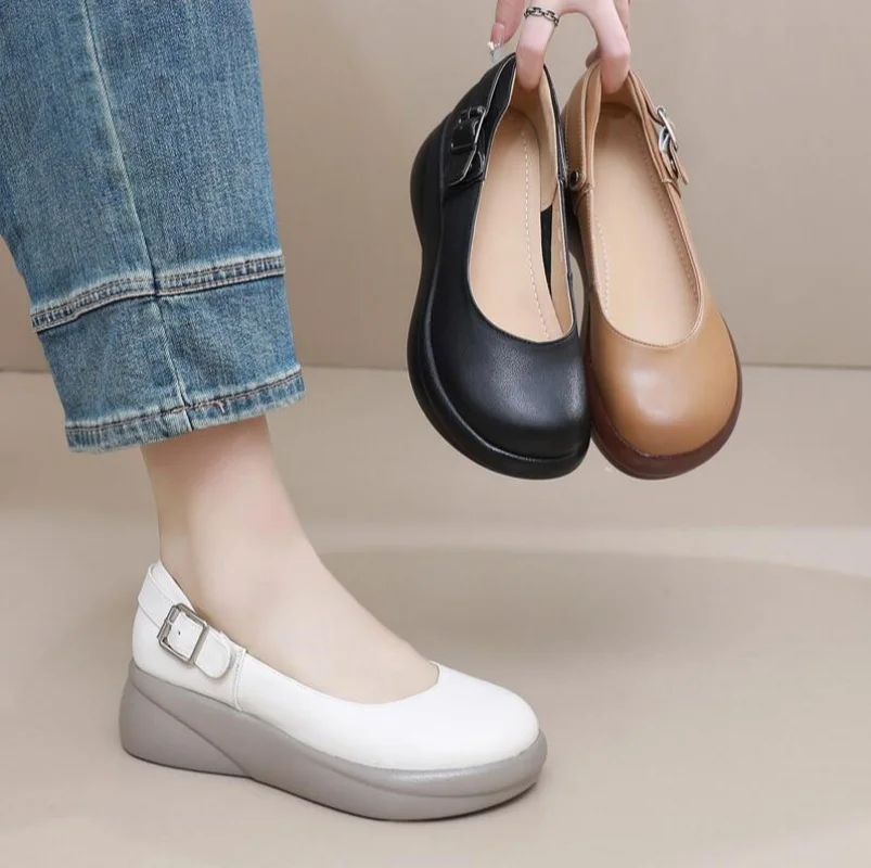 Women's British Style Genuine Leather Shoes 2026 Spring Autumn Thick Sole Wedge Slip-On Soft Comfortable Footwear