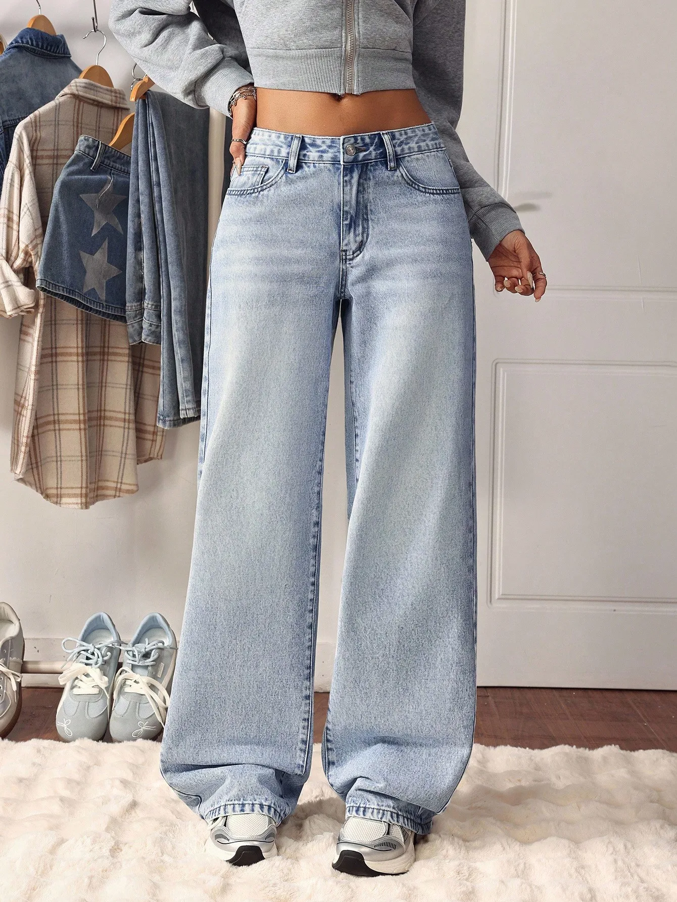 

Джинсы женские с высокой талией, широкими штанинами, свободного кроя, светло-голубые, повседневный стиль