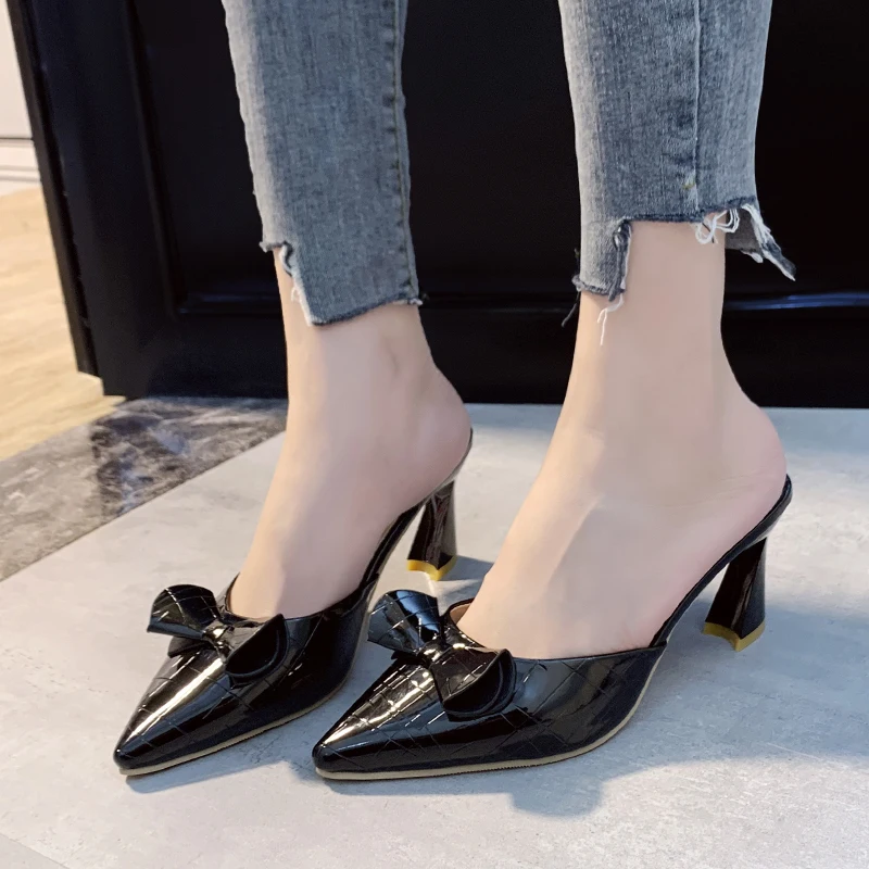 2025 New Spring and Summer Beautiful and Fashionable Women's Shoes Bow Design High Heel Half Slippers