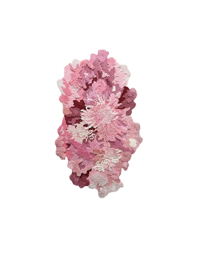 Handmade irregular art wind carpet, living room wool pink flower sea high-end romantic bedroom bedside blanket