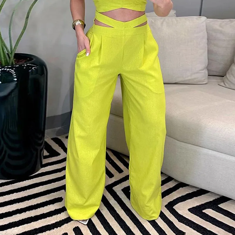 Women Two Piece Set Camisole Sleeveless Backless Splice Crop Top Regular Crisscross Pants High Waist Casual Spring 2024