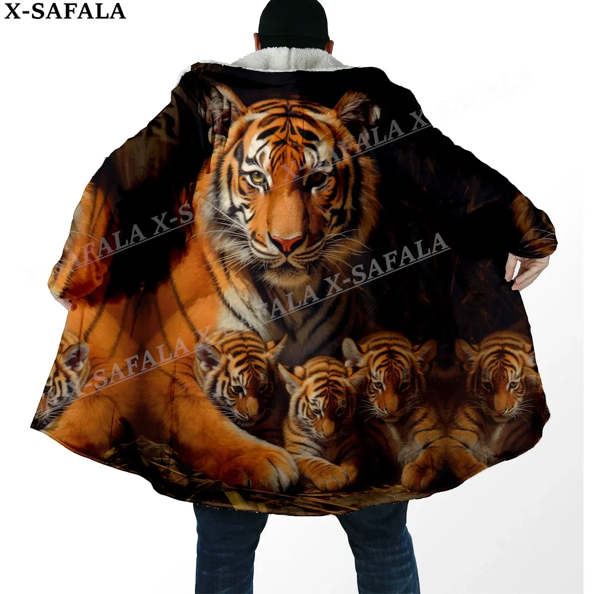 Mythology Tiger The King Spirit Thick Warm Hooded Cloak Men Overcoat Coat Windproof Fleece Cape Robe Hooded Blanket-46