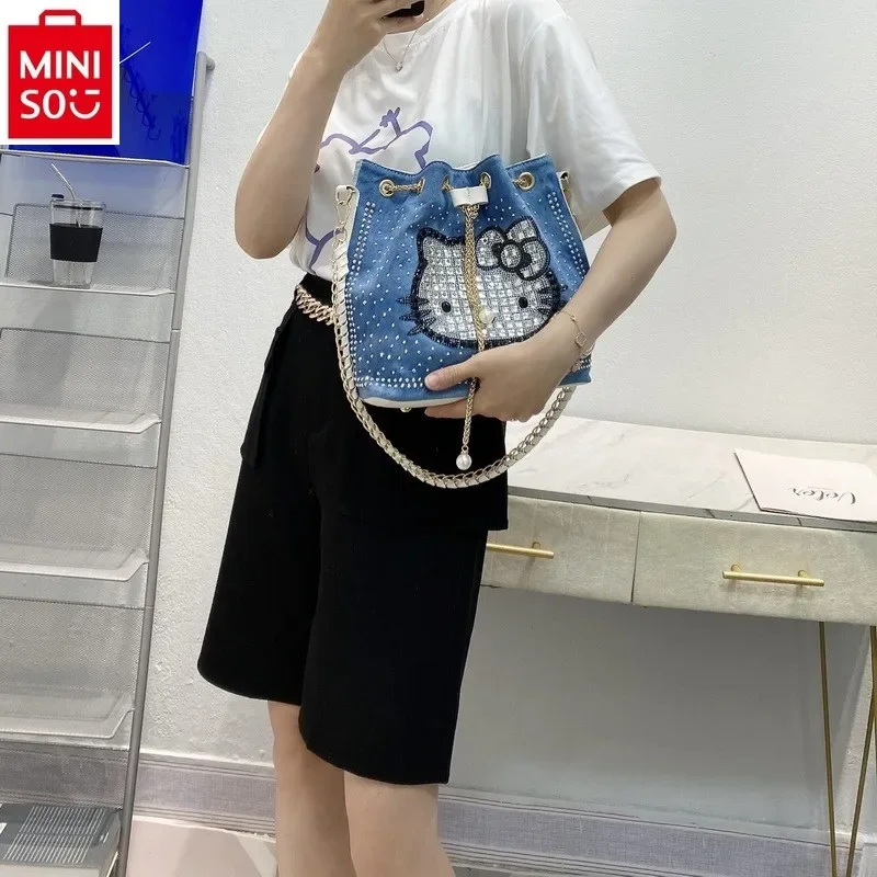 MINISO Sanrio Classic Woven Diamond Chain Bag Hello Kitty Retro High Quality Large Capacity Women's Bucket Diagonal Straddle Bag