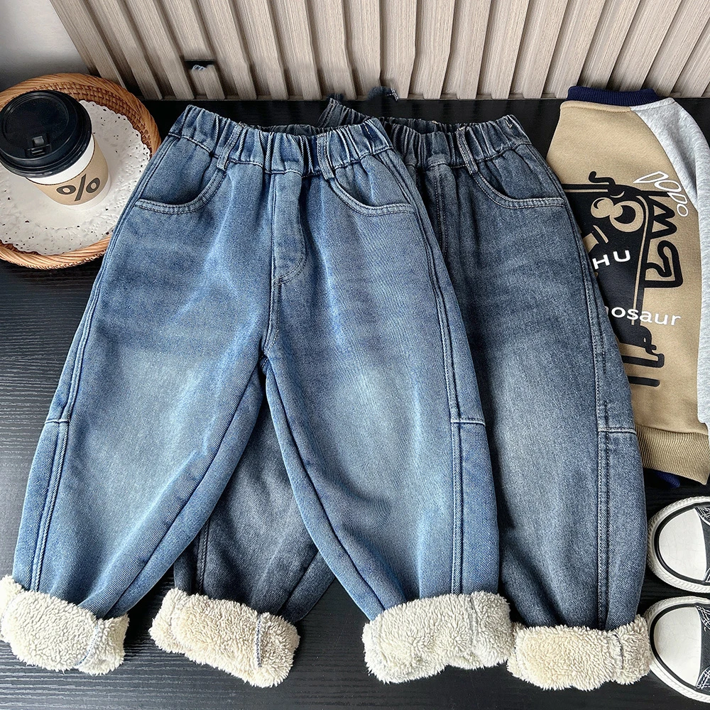 

2025 Winter Toddler Boys Jeans Solid Color Thicken Kids Boy Warm Demin Pant Versatile Elastic Waist Little Boys Lamb Woolen Pant