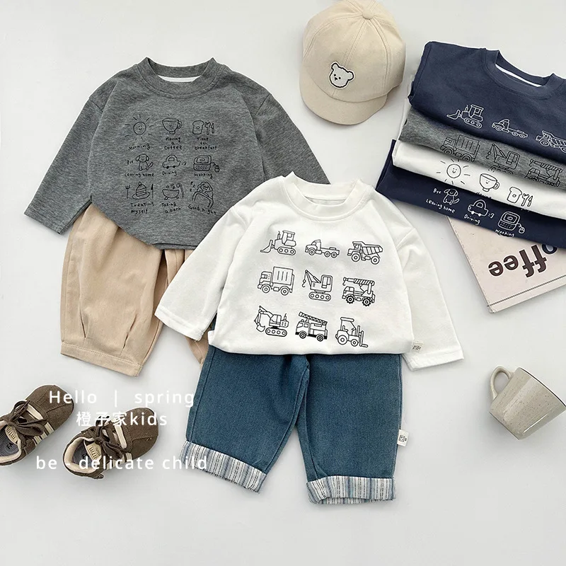 2025 outono novas crianças dos desenhos animados impressão t camisas meninos meninas manga longa casual topos bebê algodão camiseta da criança crianças roupas