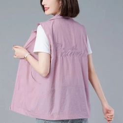 Korean Summer New Women's Vest Turn-down Collar Solid Zipper Pockets Embroid Fashion Versatile Sleeveless Loose Tanks Tops