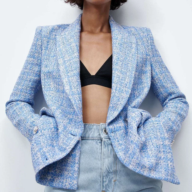 2022 Fashion Double Breasted Tweed Check Women Blazer Vintage Long Sleeve Pockets Female Outerwear Chic Jacket