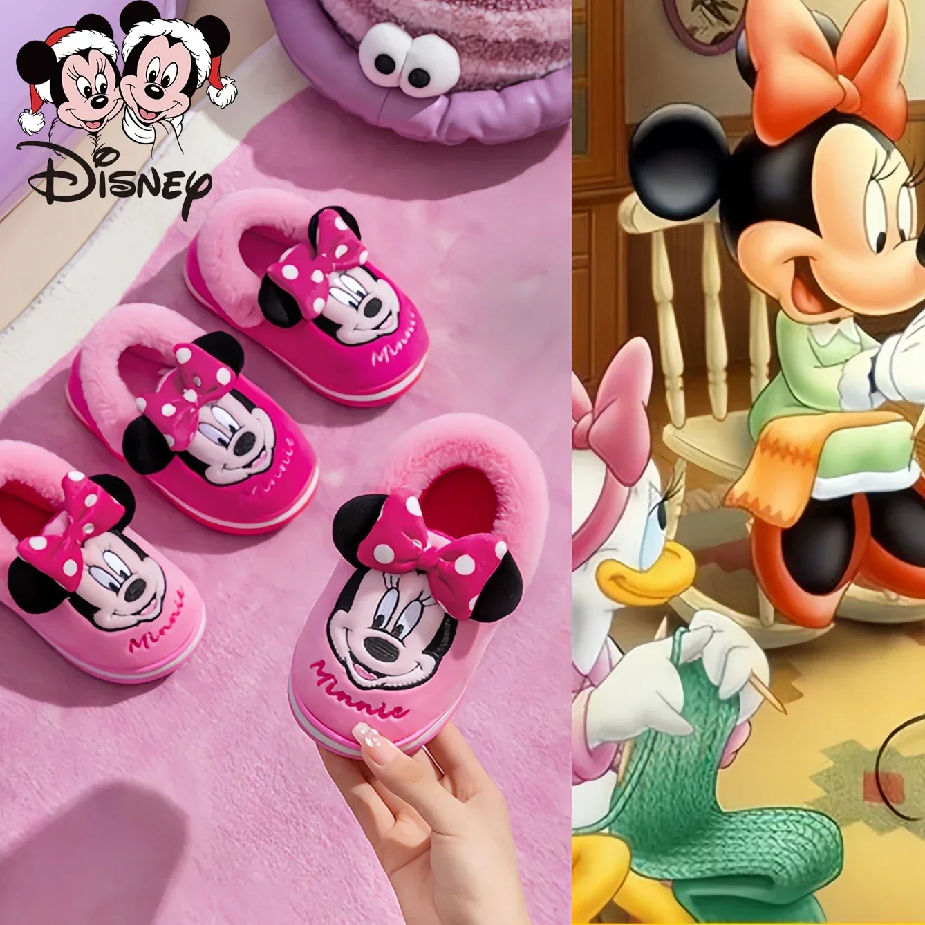 Disney-Pantoufles en coton Minnie pour enfants, vadrouille pour cheveux non alds, chaussures d\'intérieur pour la maison, chaussures chaudes et