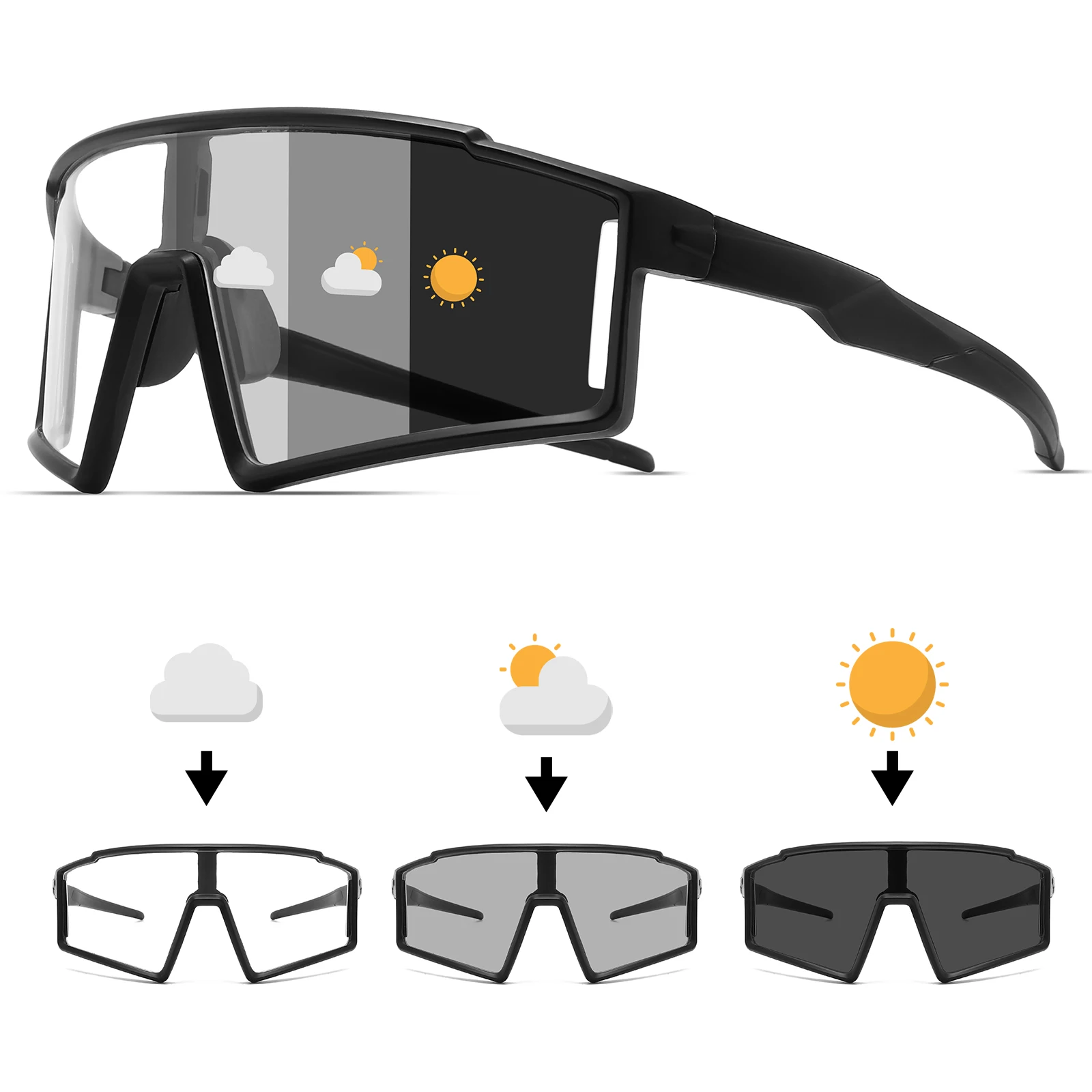Photochrome einteilige Sport-Sonnenbrille – übergroßer umlaufender Rahmen, UV400-Komfort-Passform für Radfahren, Angeln und Reisen