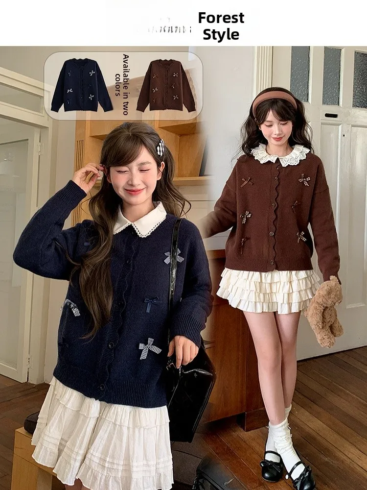 

Sweet Sle Pure Color Long Sve Knitted Open Cardigan Women's Loose round Ne Sweater Autumn Winter Versatile Casual Faion