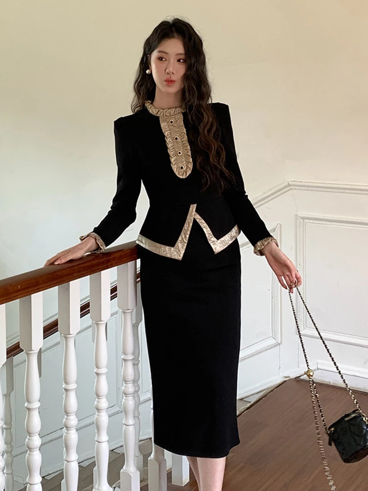 

Sweet Retro 2 Pieces Outfits Women Elegant Ruffles Tops Shirt Blouse High Waist Skirt Sets Mujer Formal Street Clothes Spring