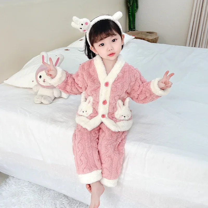 Children\'s Clothing Sets Bunny Pocket Flannel Pajama Set Coral Velvet Homewear Set for Children Boys Girls Clothes Sets