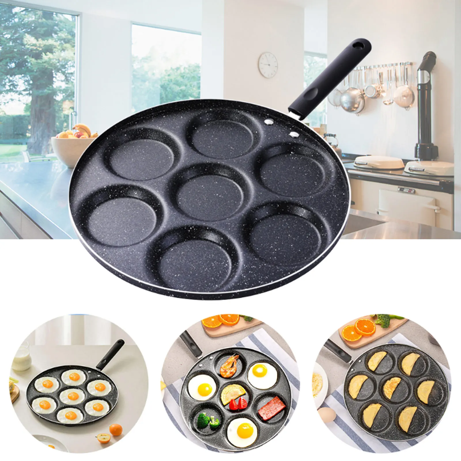 7-Hole Frying Pan Non-Stick Fried Eggs Cooker Burger Pancakes Fry Pan Cookware with Long Handle for Home Kitchen Supplies