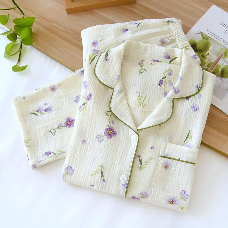 Spring / Autumn Cotton Long Sleeved Pants Pajamas for Women Washed Crepe Fabric Home Clothing Purple Flower Print Loungewear