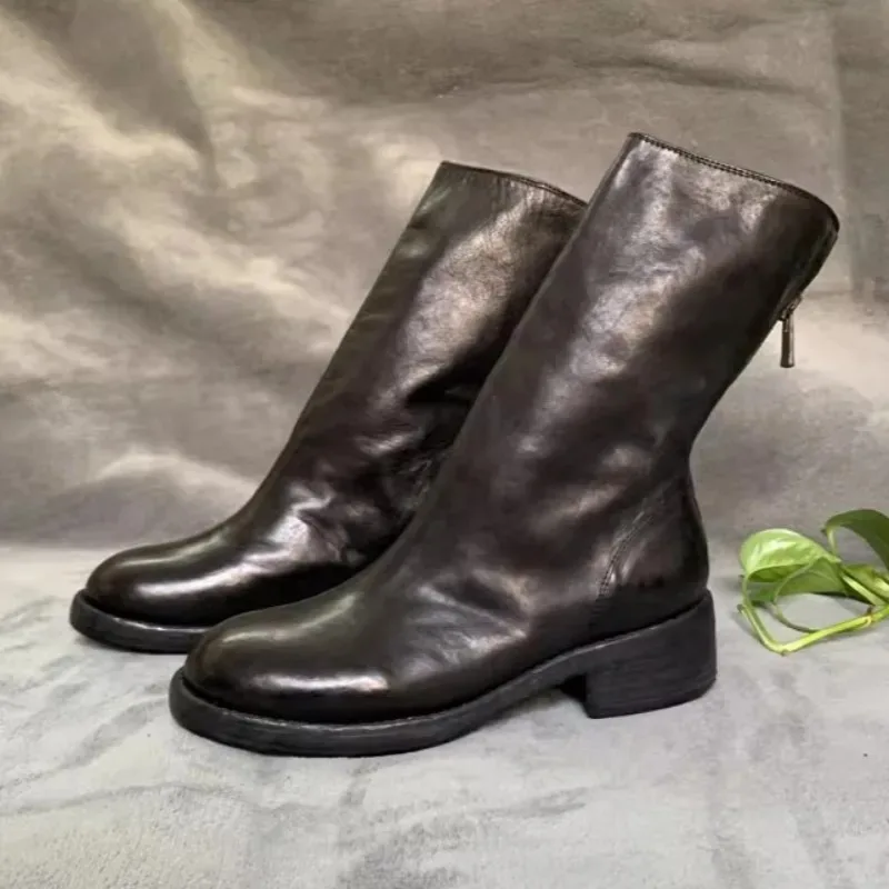 Handmade Men High Top Boots Genuine Leather Back Zipper Mid Calf Knight Boots Outdoor Work Shoes Youth Model Fashion Boots
