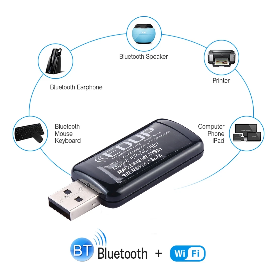 2 in 1 AC1200Mbps 2.4GHz & 5.8GHz Dual Band USB WiFi Adapter EDUP EP-AC1681 External Network Card with Bluetooth 4.1 Function