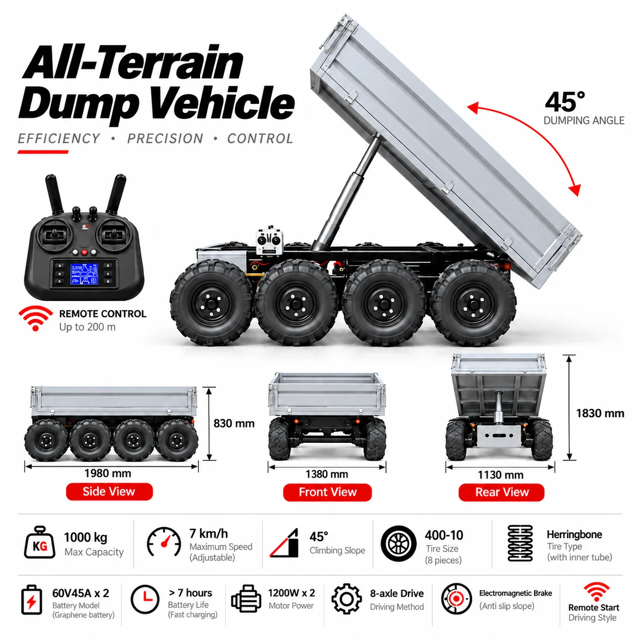 GGMA1 Ton Capacity Industrial Remote Control Electric Crawler Transporter Brushless Motor CE Heavy Duty Mini Dumper Machine