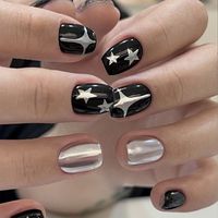 24pcs Black Short Round False Nails Y2K Silver Star Design French Fake Nails Full Cover Detachable Nail Tips Press On Nails