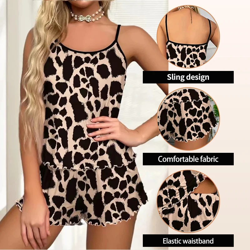 New Women\'s Leopard Print Printed Suspender Top and Elastic Waist Shorts Women\'s Sexy Casual Home Summer Pajama Set