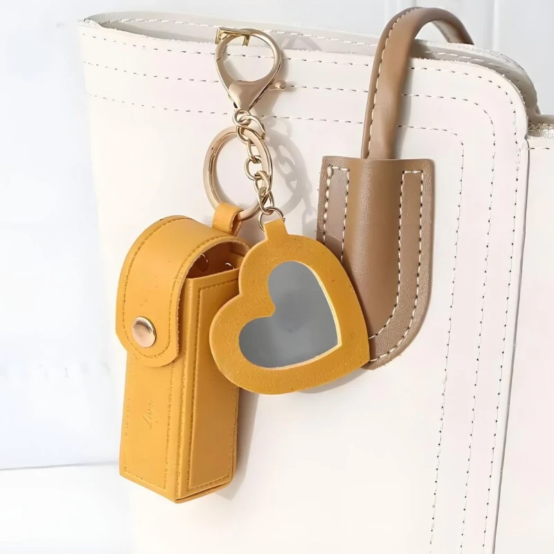 Portable Pu Leather Lipstick Holder Keychain With Heart-Shaped Mirror for Women Girls Handbag Charms Accessory Creative Gift