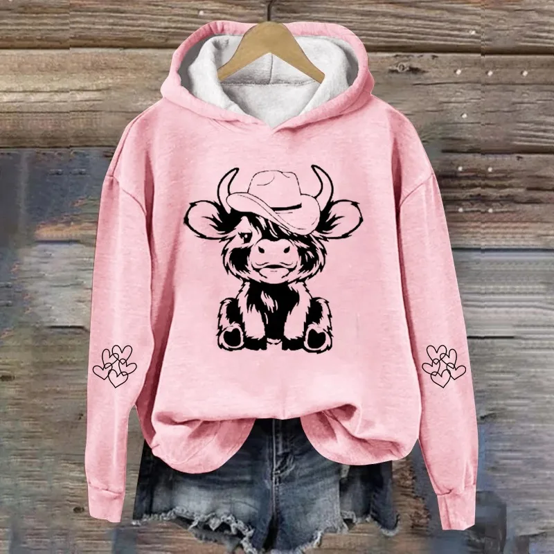 Cow Sweatshirts for Women Cute Cow Sweatshirt for Women Western Cow Print Shirt Country Western Casual Hooded Pullover Pink