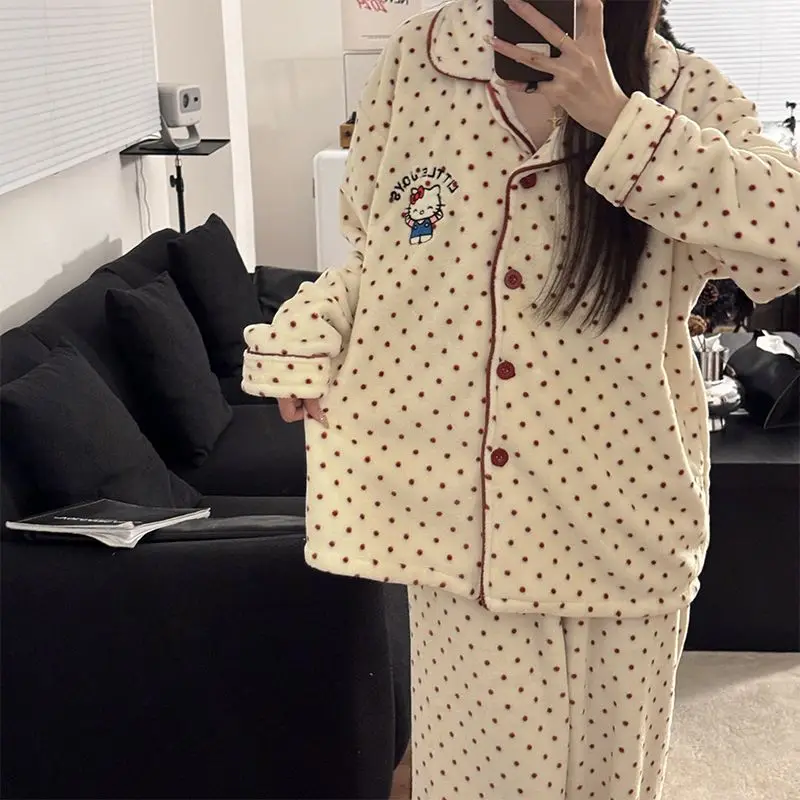 

Hello Kitty Women's 2024 Red Polka Dot Flannel Pajama Set Winter Loose Fit Comfy Home Loungewear 2-Piece