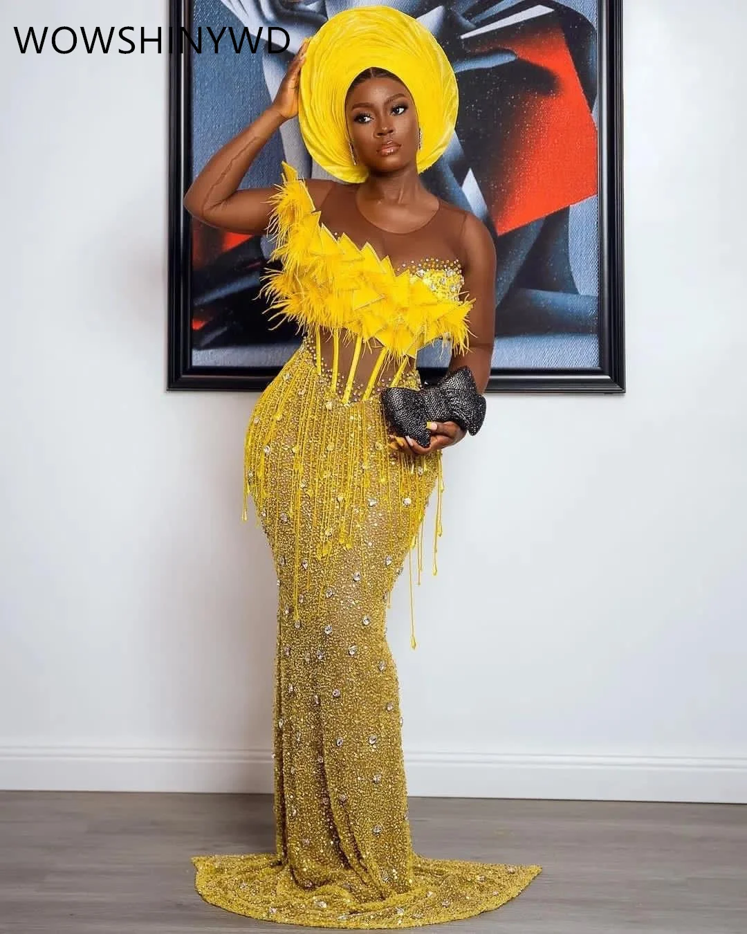 2024 Aso Ebi Mermaid Yellow Prom Dresses Sequined Beaded Evening Formal Party Second Engagement Birthday Gowns Dresses ZJ104