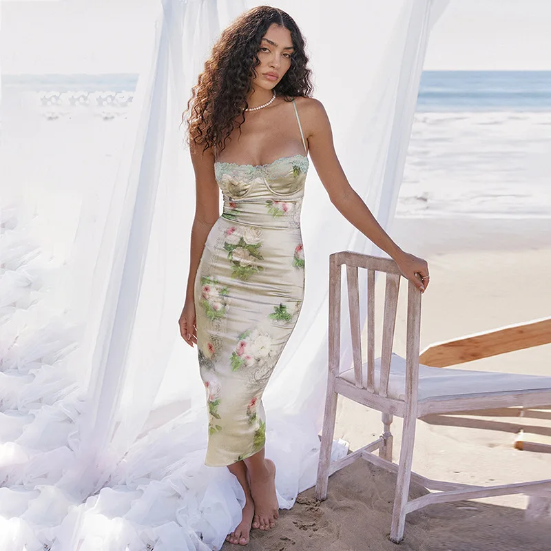 

2025 summer new women's clothing suspender one-word collar lace splicing printed slim dress women