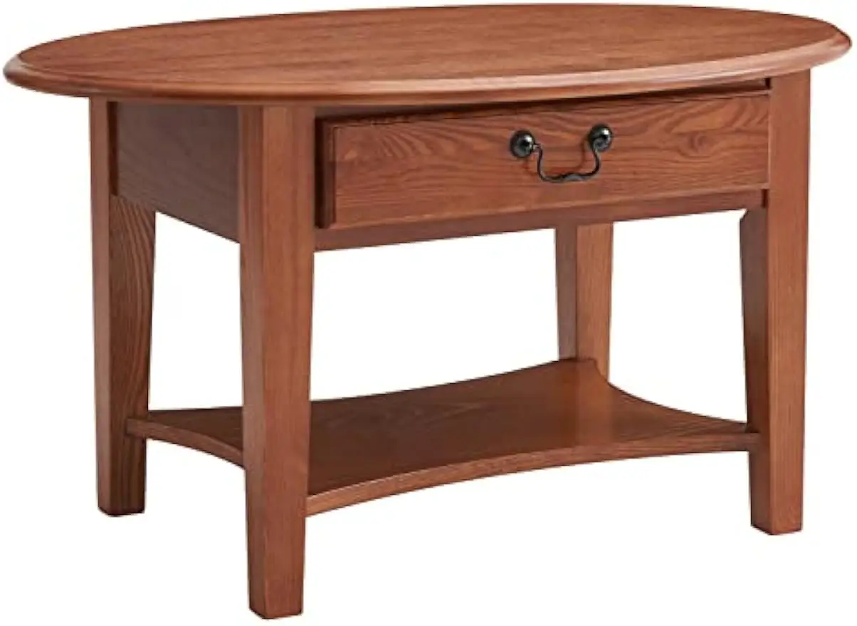 

9044-MED One Drawer Oval Coffee Table with Shelf, Medium Oak