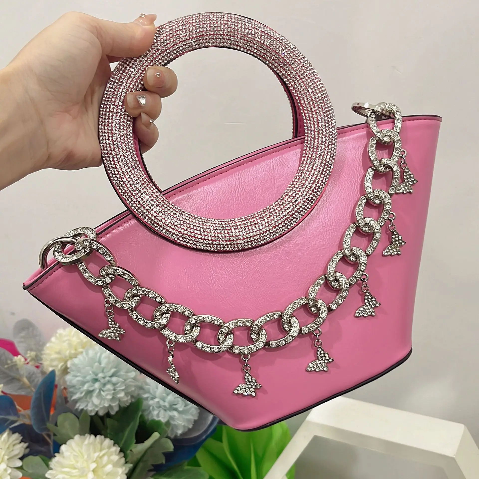 

2025 New Diamond-encrusted Round Handle Top-handle Handbag Fashion Glitter Shiny Diamond Evening Bag Wedding Party Clutch Purse