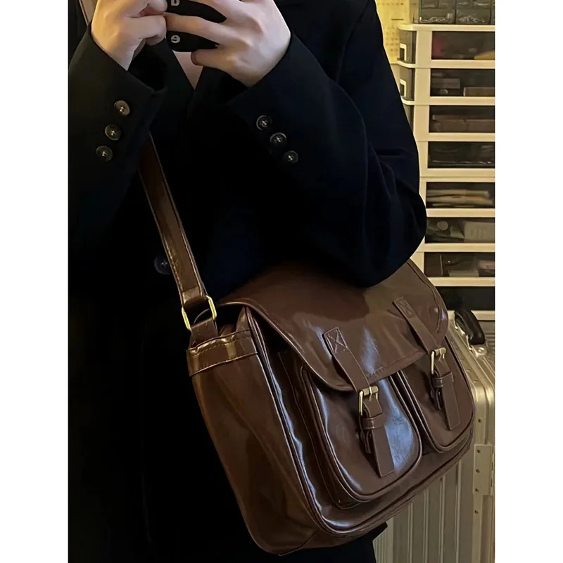 New Trend Street Shoulder Bag Youth Japanese Korean Vintage Leather Small Square Bag Casual Cross Straddle Bag Riding Shoulder