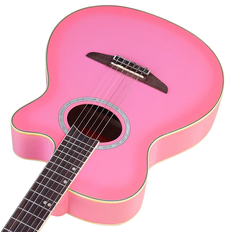 

40-дюймовая 6-струнная классическая гитара розового цвета из ели, верхняя часть из глянцевого дерева с инкрустацией из перламутра на краю, классная гитара