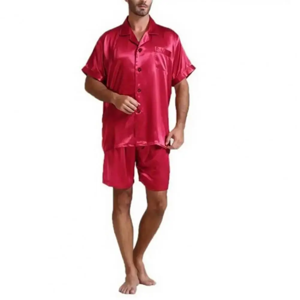 2 Pcs/Set Men Nightwear Shirt Pants Sleep Pajamas Sets Short Sleeves Loose Sleeping Elastic Waist Shorts Silky Men Sleepwear Set