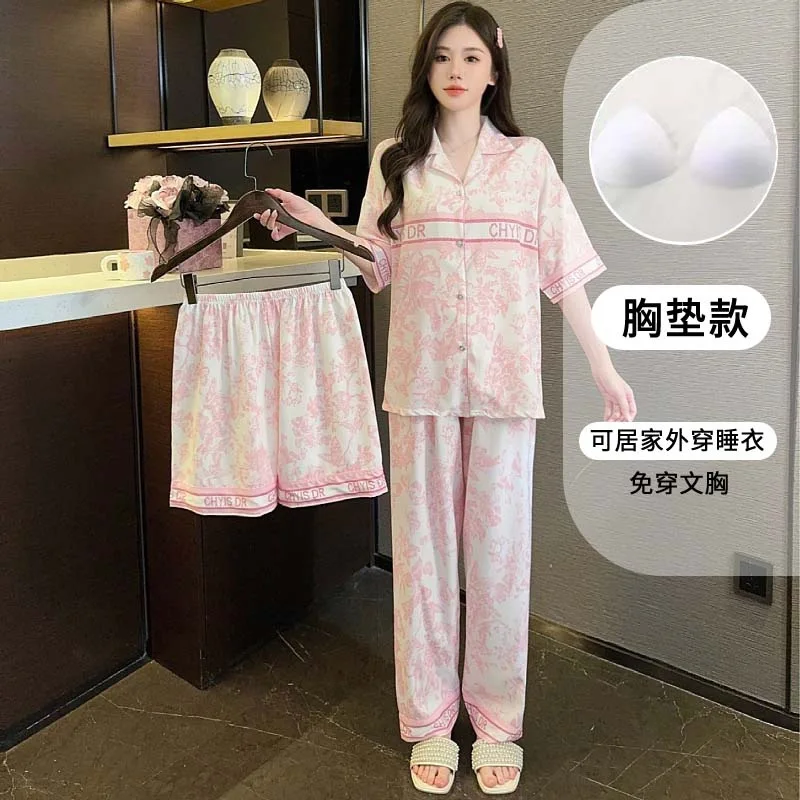 pink floral print satin pajama sets 2 piece pants trouser ruffled lady outfit lounge women pijama sleepwear pajama nightwear