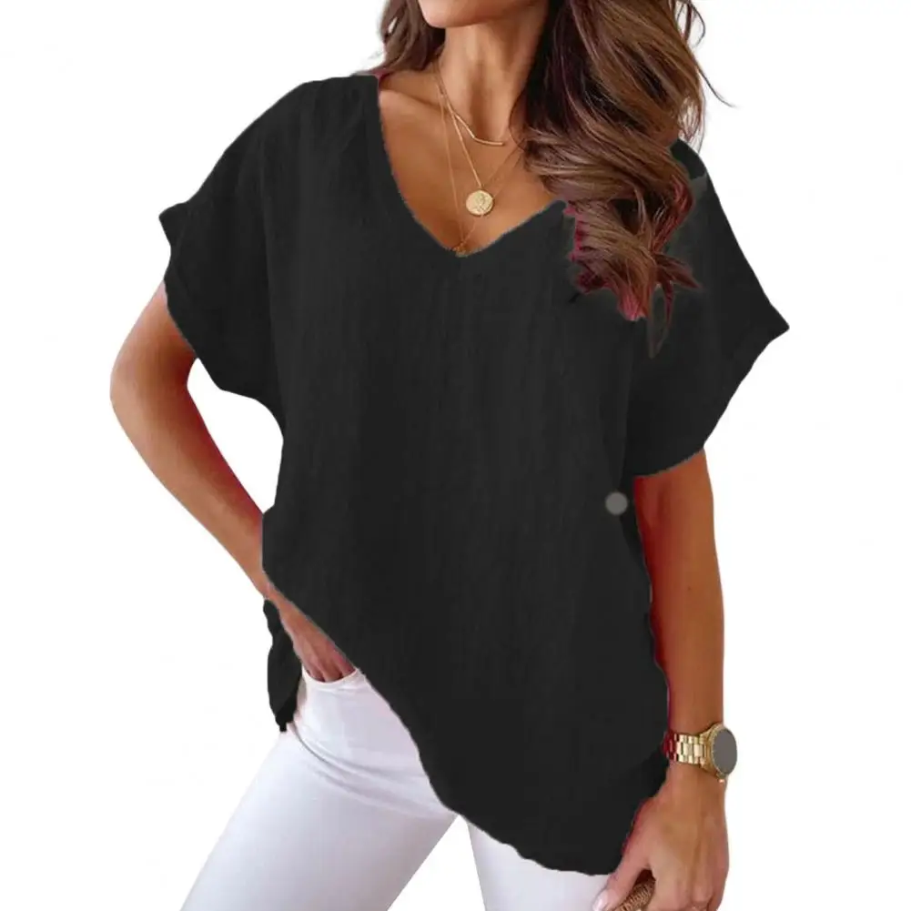 Frauen Sommer T-shirt Casual Einfarbig Lose Kurzarm V-ausschnitt Täglichen Verschleiß Pullover Plus Größe Batwing Ärmeln Dame Top Weibliche
