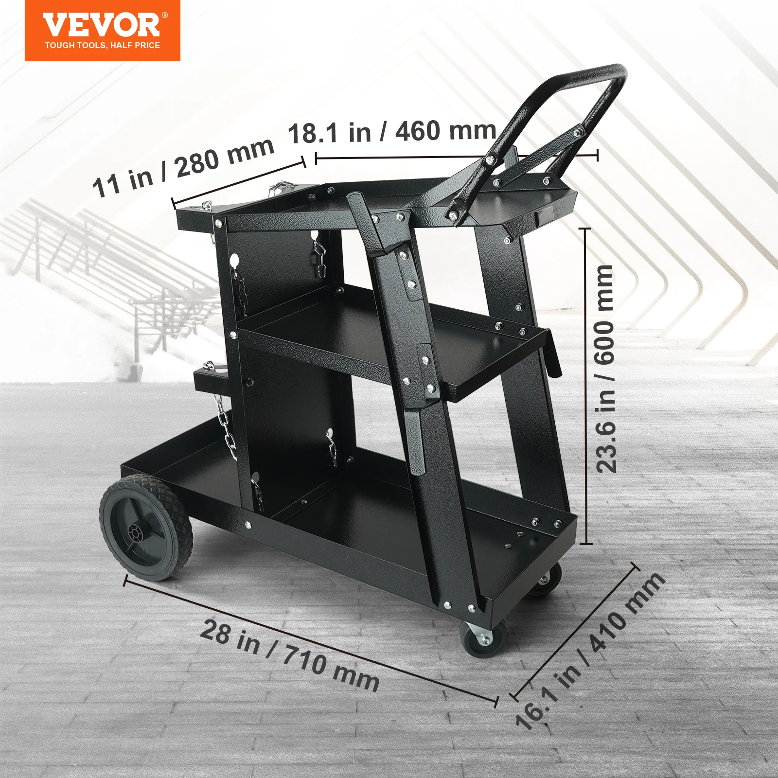 VEVOR Welding Cart 3-Tier Welder Cart with Swivel Wheels Safety Chains Rolling Tank Storage for Plasma Cutter Welding Machine