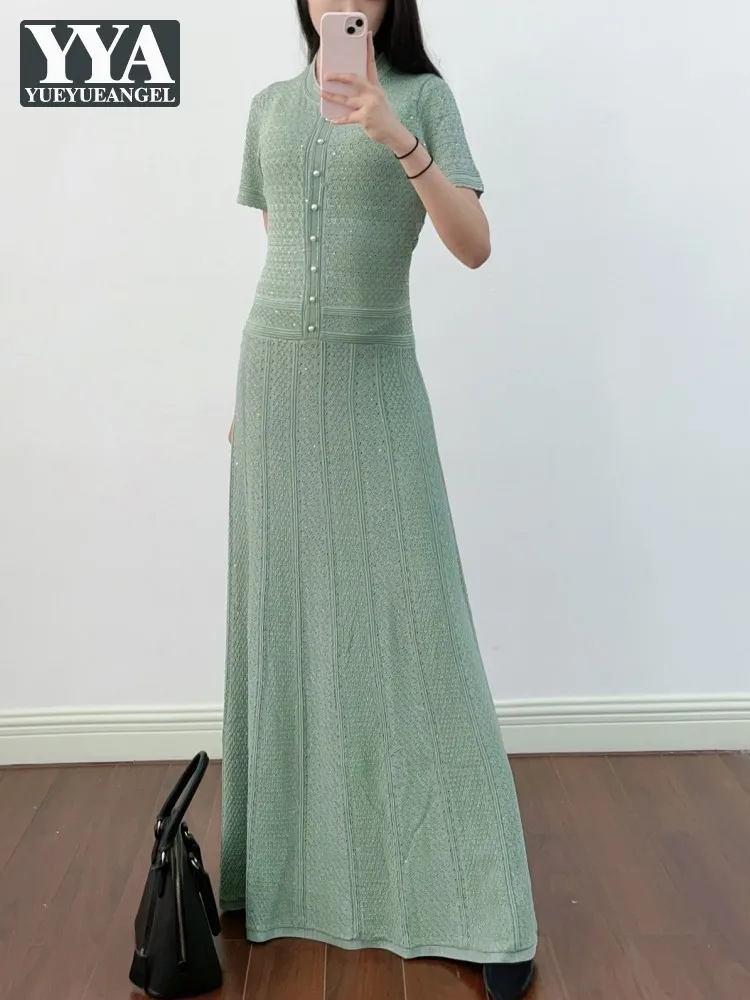 Elegant Spring Summer Women Knitted Dress Short Sleeve Slim Fit A-Line Long Dresses Knitwear Hollow Out Fashion Bohemia Dress