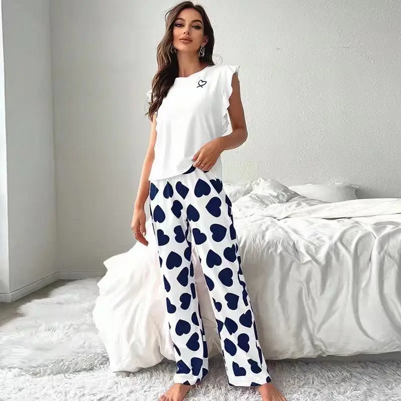 

2026 Spring and Summer Sleeveless Loungewear Women's Cute Style Love Printing Frilly Casual Suit Women