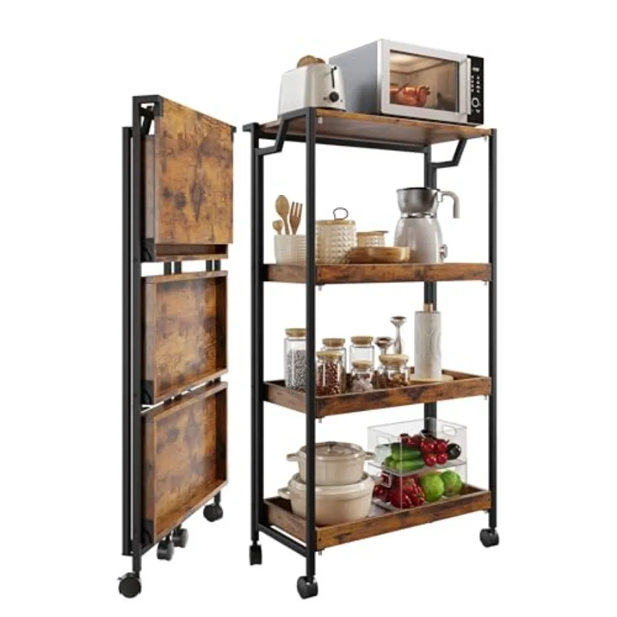 

Large 4-Tier Collapsible Wooden Storage Shelf Natural Wood, Brown, Heavy Duty 100 lbs Ccity with Locking Wheels Space-Saving Or