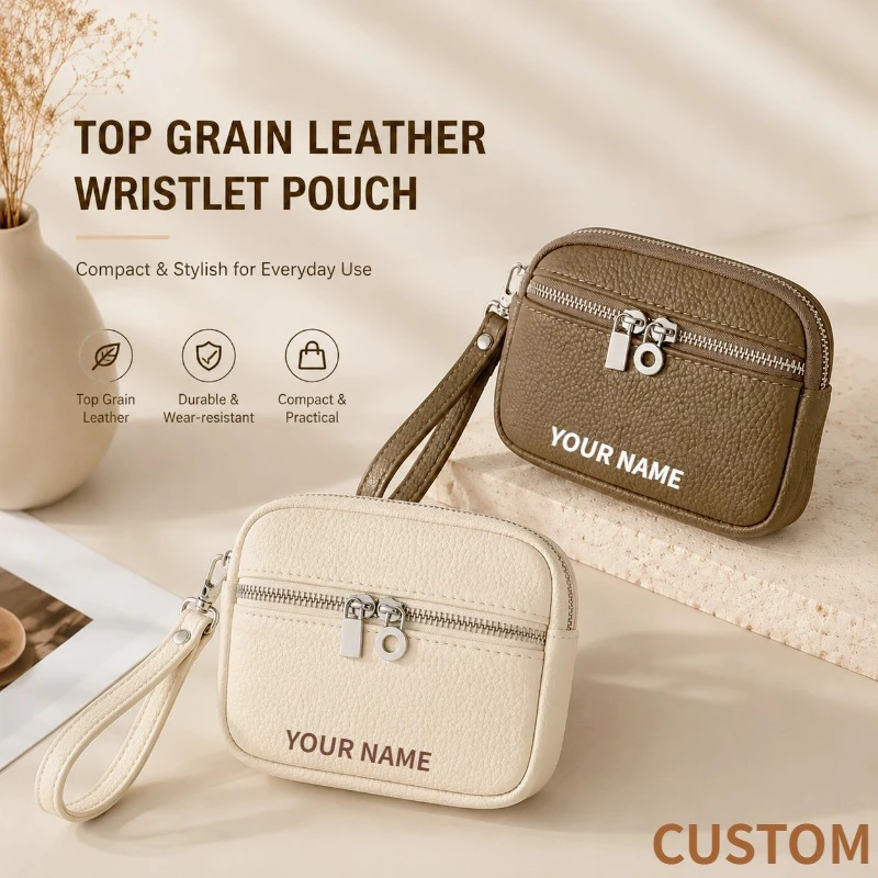 Women Genuine Leather Mini Wallet Top Grain Leather Double Zipper Coin Purse Personalized Clutch Bag Small Storage Pouch