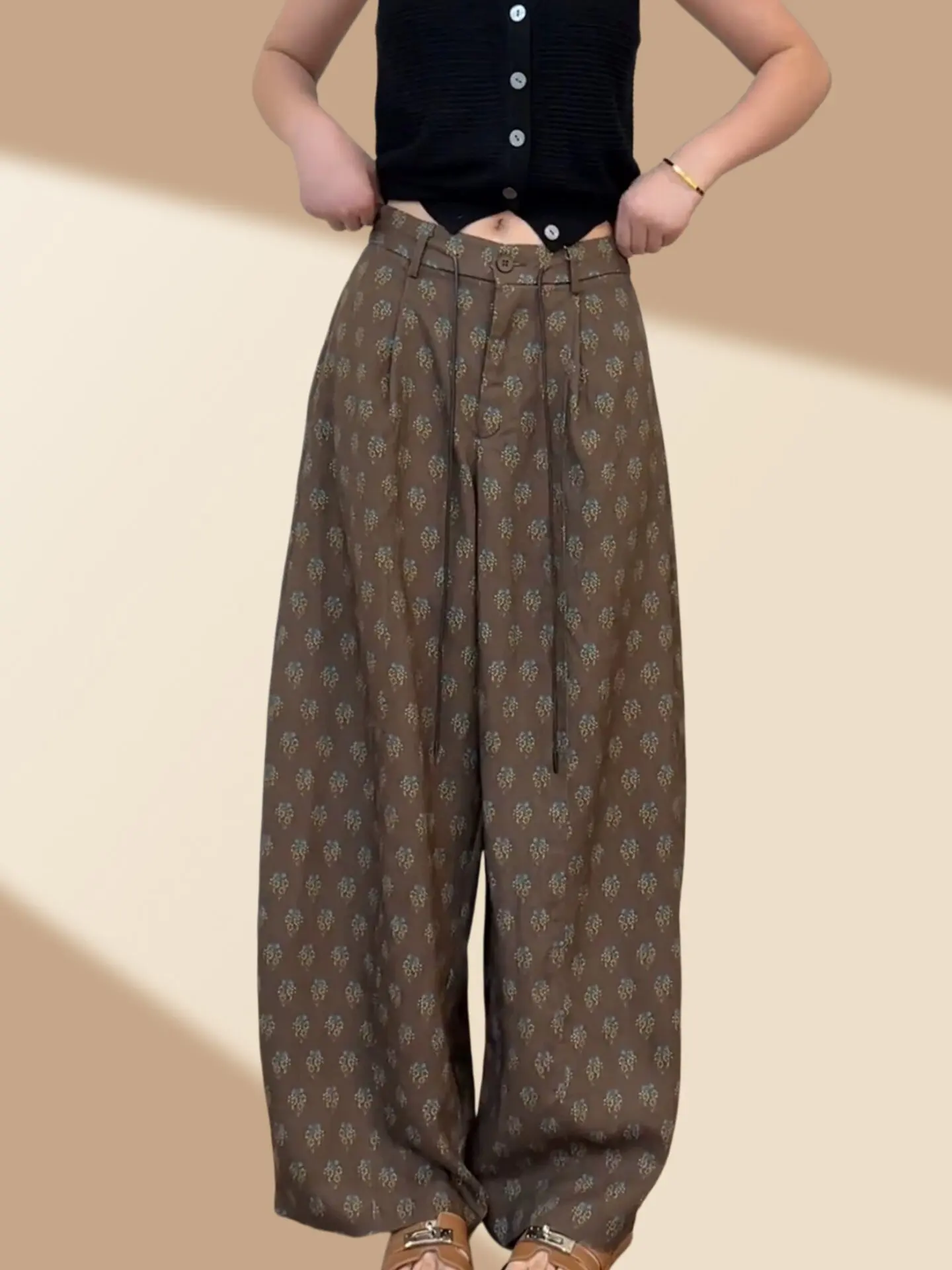 Retro Chinese Style Floral Print Wide Leg Pants Women's Summer Thin Fashion Loose Slimming Elastic Waist Casual Flower Pants